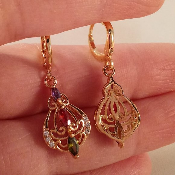 18K Yellow Gold Filled Filigree Flower Colorful Diamond Zircon Dangle Earrings - Picture 4 of 4